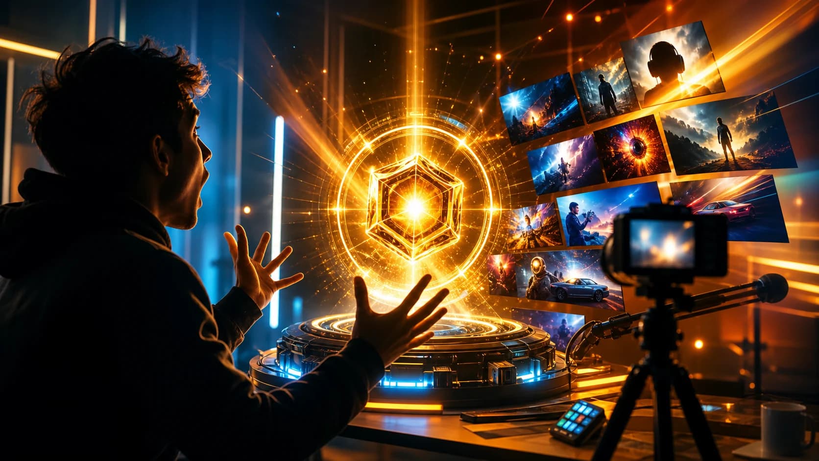 AI generated cinematic image: Dramatic YouTube thumbnail concept without text, glowing AI core in a futuristic creator lab, surprised host silhouette, high contrast cinematic lighting