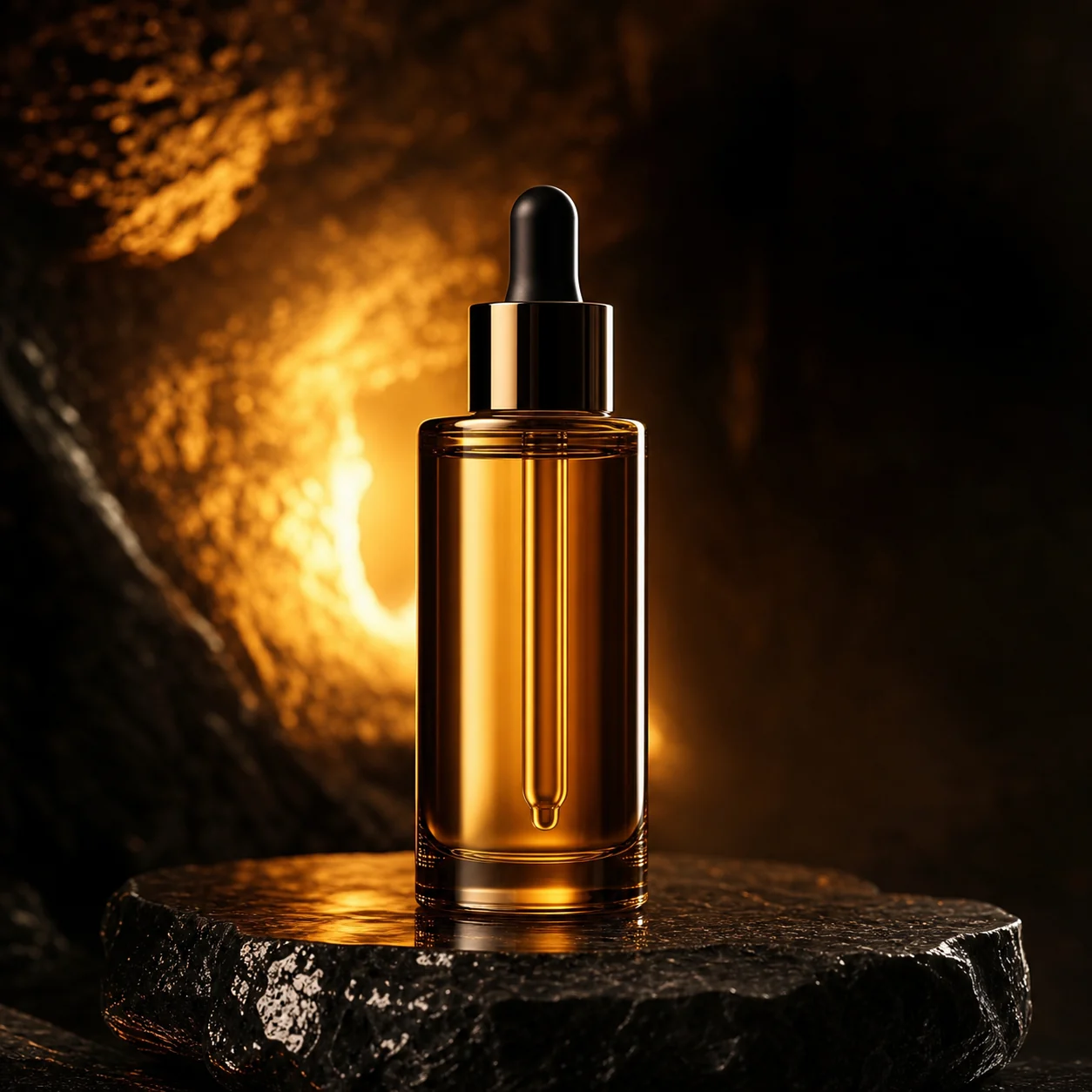 AI generated realistic image: Premium unbranded skincare bottle on black stone, warm amber backlight, glossy reflections, elegant product advertising photography