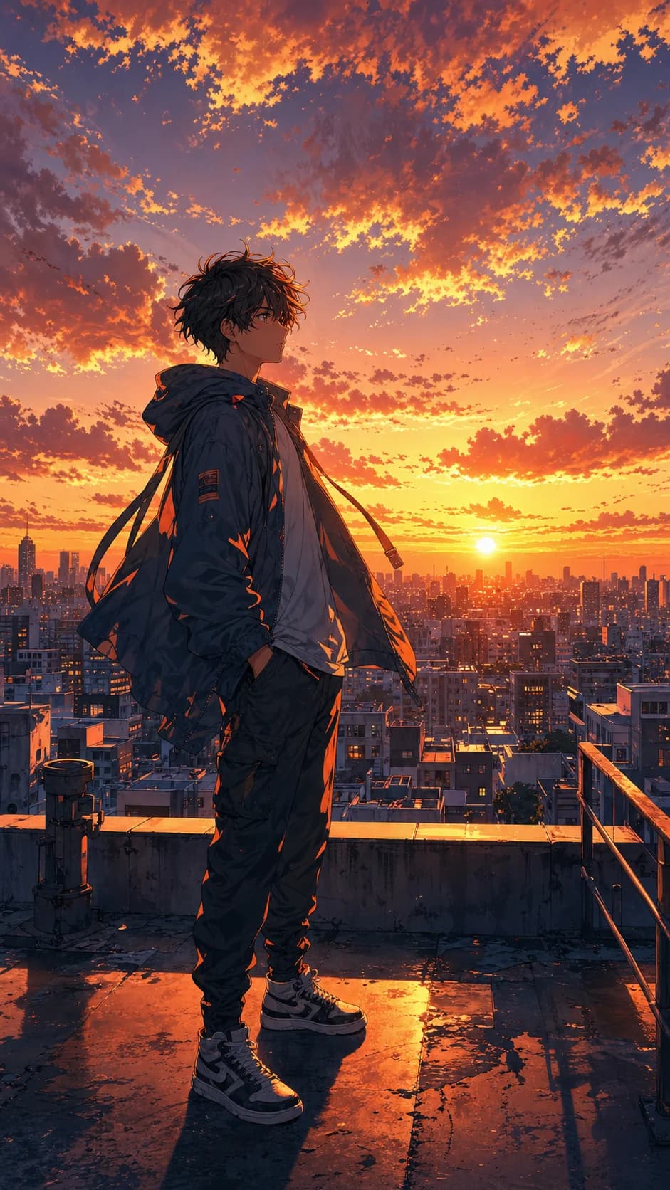 AI generated anime image: Anime character standing on a city rooftop at golden hour, orange clouds, expressive warm lighting, detailed urban skyline background