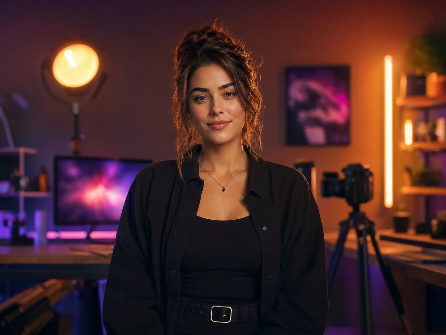 AI generated cinematic image: A confident digital creator in a warm neon studio portrait, cinematic rim lighting, soft amber glow, subtle violet shadows, premium editorial photography