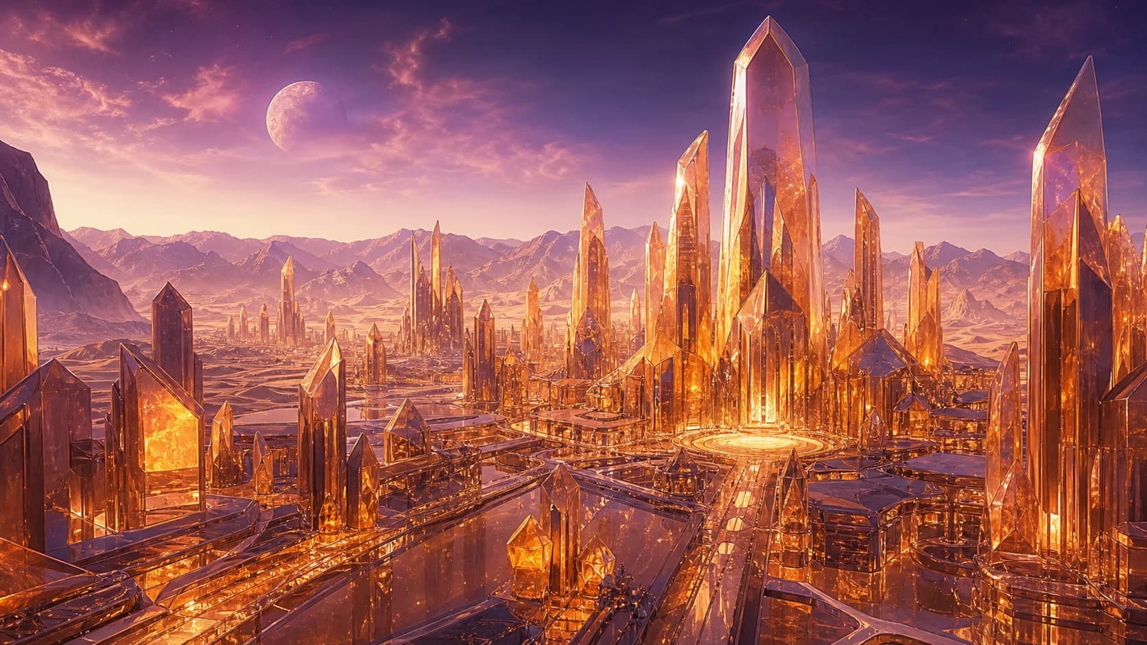 AI generated fantasy image: A futuristic desert city built from towering amber glass crystals under a violet twilight sky, luminous streets, reflective mineral architecture, ultra detailed fantasy environment