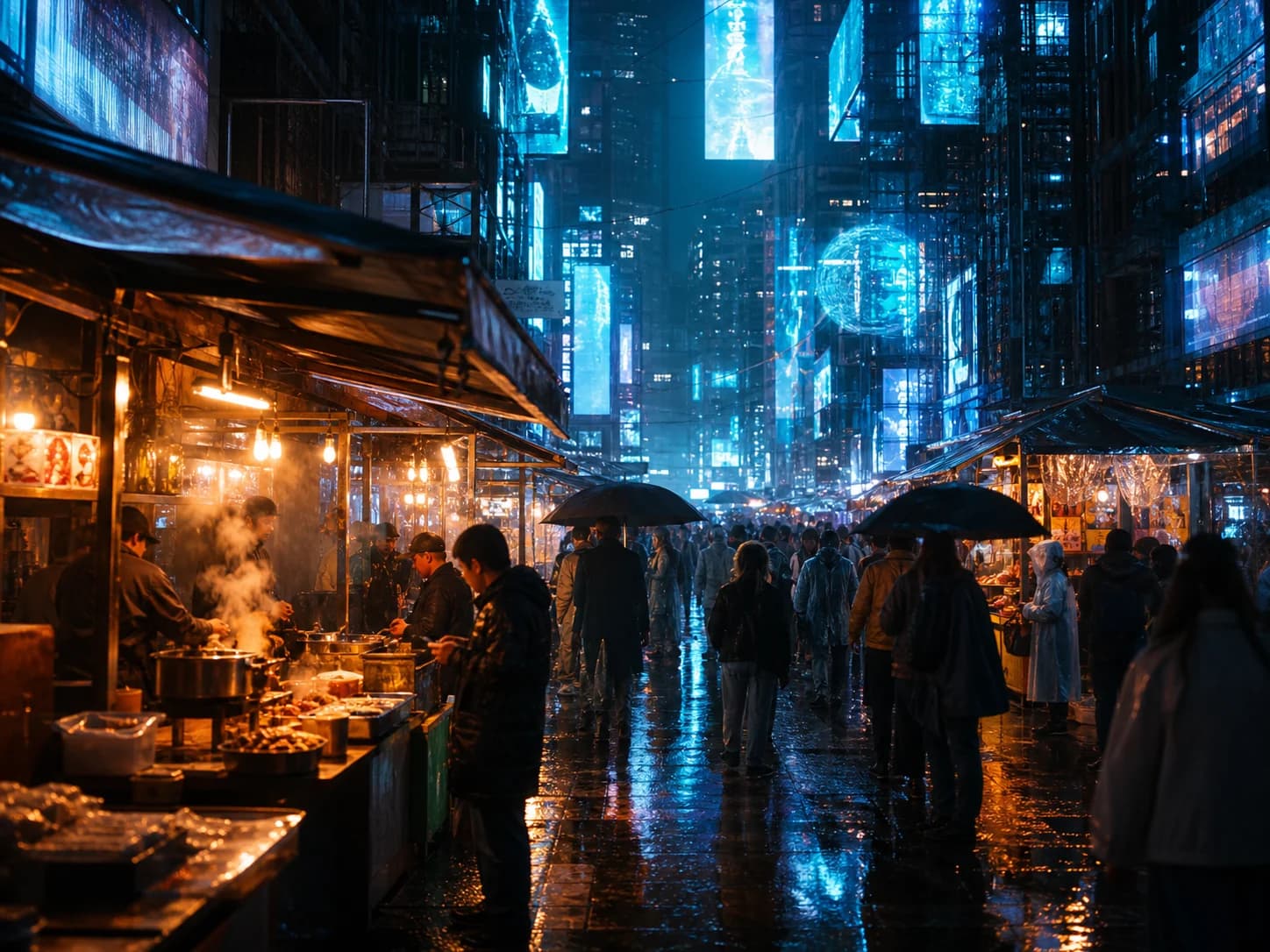 AI generated realistic image: A cyberpunk night market with warm food stalls, blue holographic light, wet pavement and rain reflections, cinematic street photography atmosphere