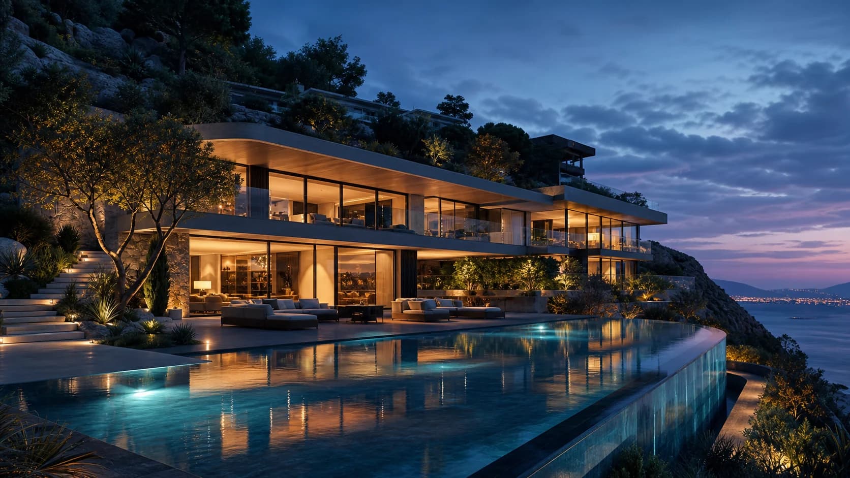 AI generated 3d render image: A modern hillside home at dusk with warm interior light, reflective infinity pool, glass walls, refined landscaping, dreamy architectural visualization