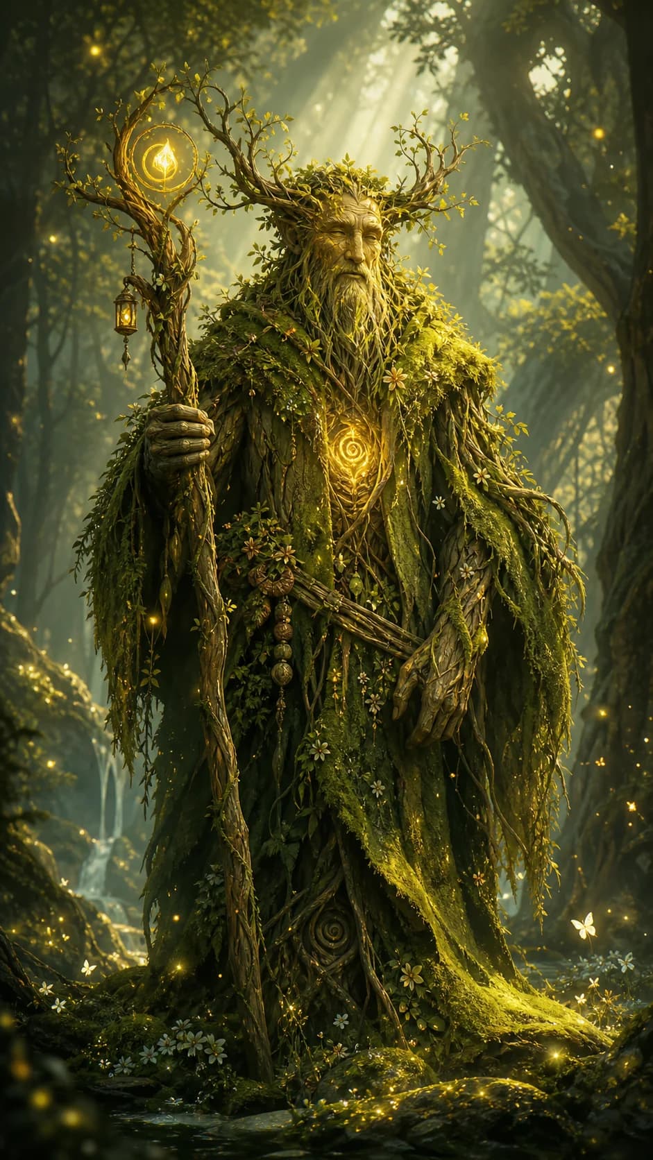AI generated fantasy image: A gentle forest guardian made of moss, bark, vines, and gold light, standing in an ancient enchanted forest with a magical atmosphere