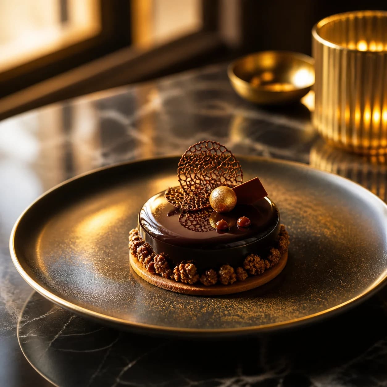 AI generated realistic image: Gourmet dessert campaign photo in golden hour window light, dark marble table, rich warm tones, elegant plated dessert with refined garnish