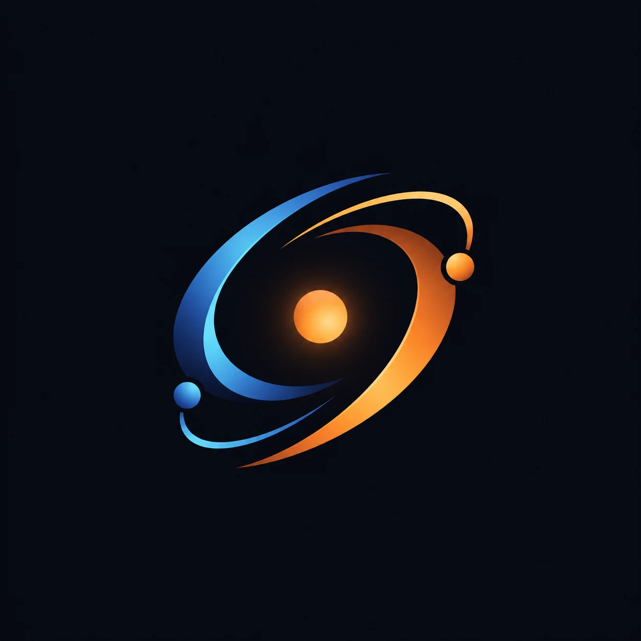AI generated logo image: Minimal abstract logo mark concept for an AI creator studio, elegant orbit shape around a luminous core, warm orange and clean blue accents