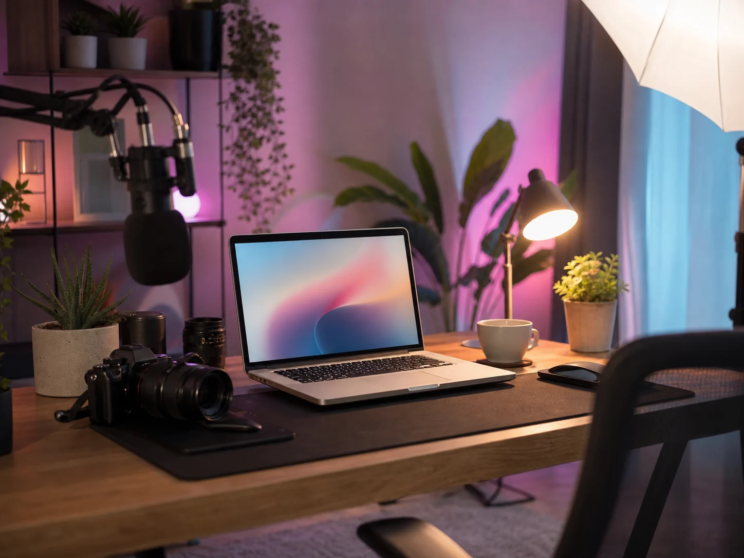 AI generated realistic image: A cozy creator desk setup with pastel lights, camera gear, laptop, plants, soft studio lighting, calm productive atmosphere
