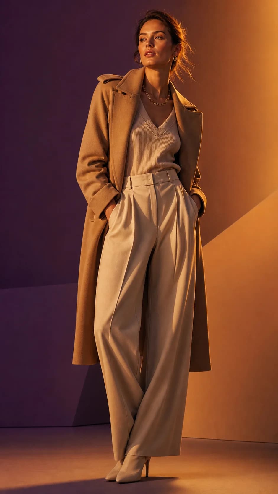 AI generated cinematic image: Fashion editorial portrait with warm amber gels, violet shadow, elegant pose, premium campaign image, sophisticated studio styling