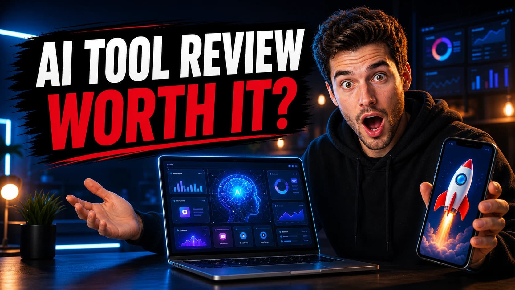 AI generated 16:9 YouTube thumbnail cover with English text for an AI tool review video