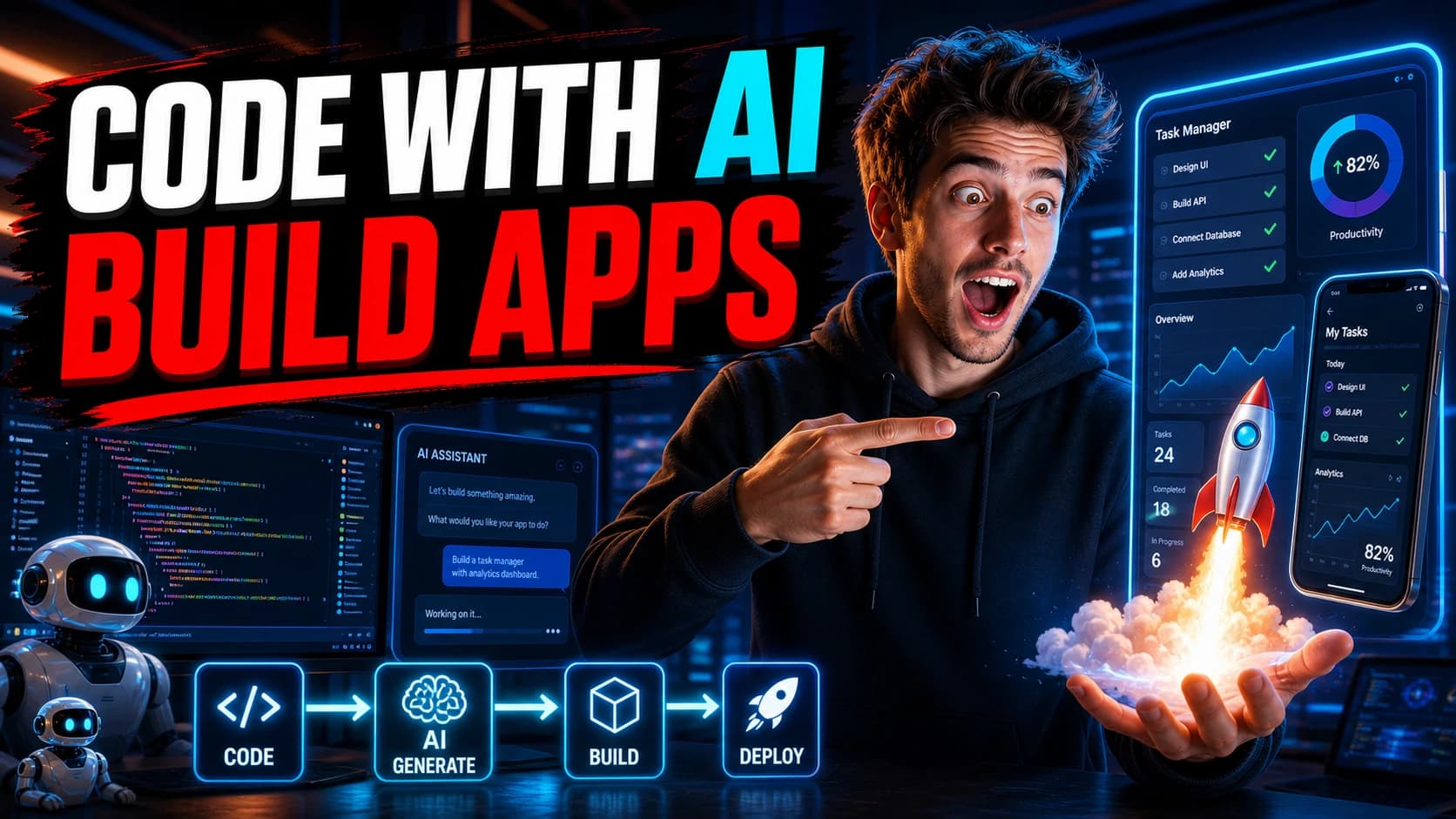 AI generated 16:9 YouTube thumbnail cover with English text for a coding tutorial video