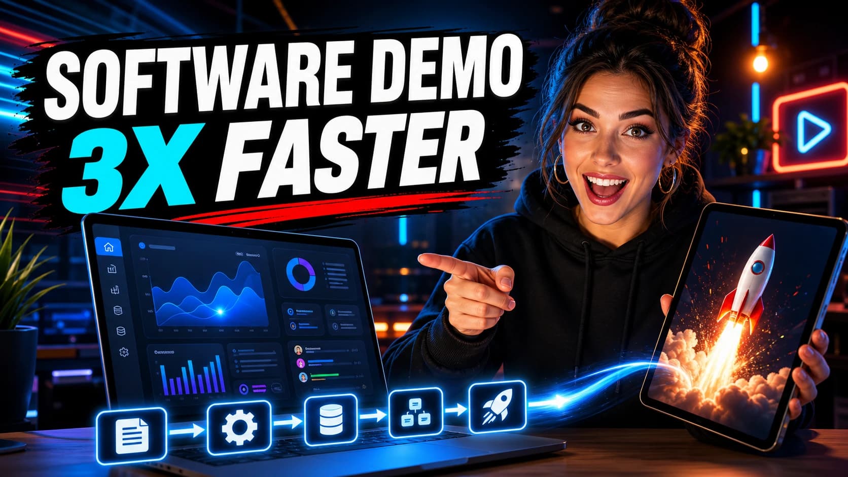 AI generated 16:9 YouTube thumbnail cover with English text for a software demo video